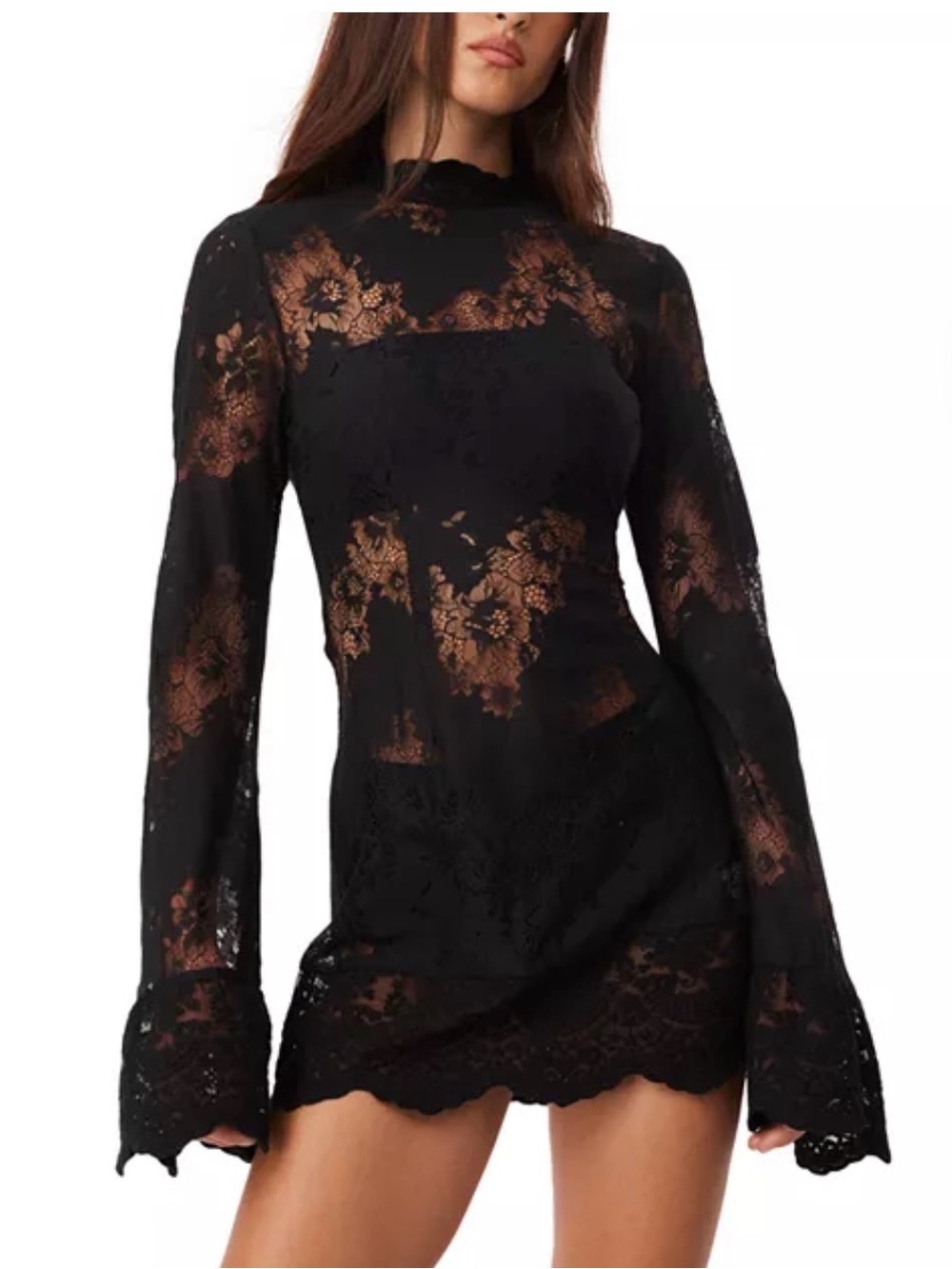 Black Lace Long-Sleeve Mini Dress